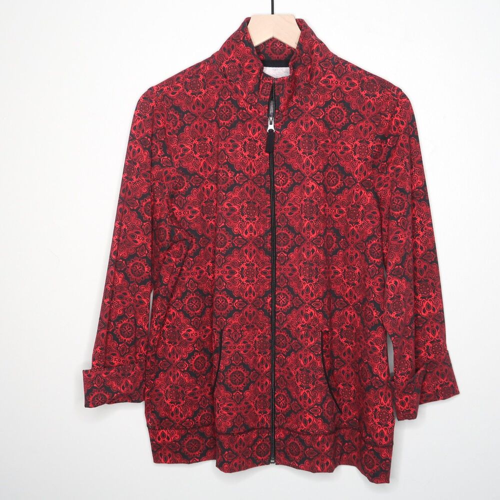 Kim Rogers Womens Zip Up Sweater Size Large Red Paisley Lightweight 3/4‎ Sleeve